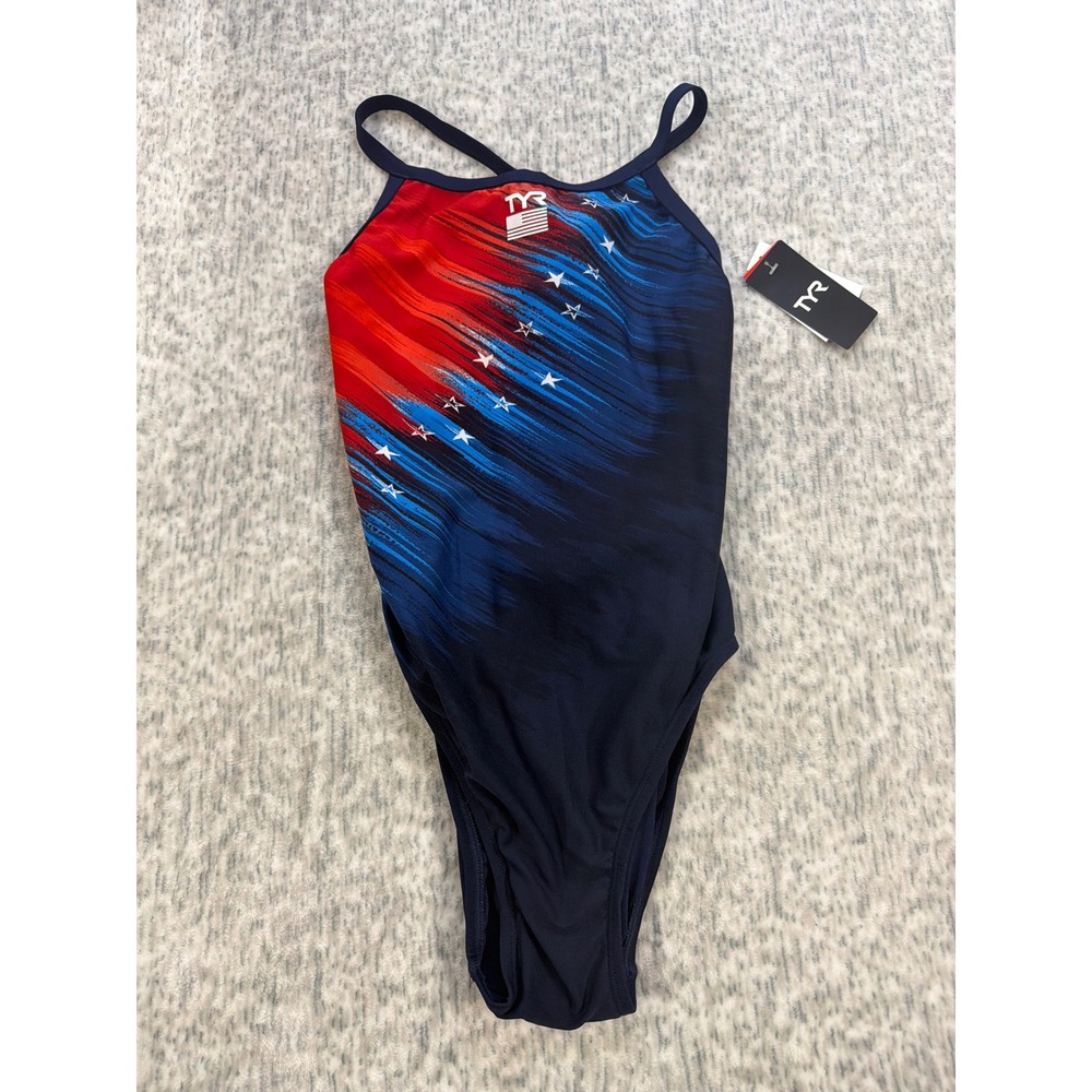 TYR Womens Diamondfit Valiance Swimsuit‎ Navy Red Stars One Piece M 34 P04035H